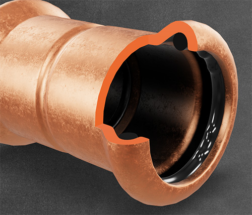 An image displaying a cross section of a copper press fit fitting, showing how the o-ring seats inside of the socket.